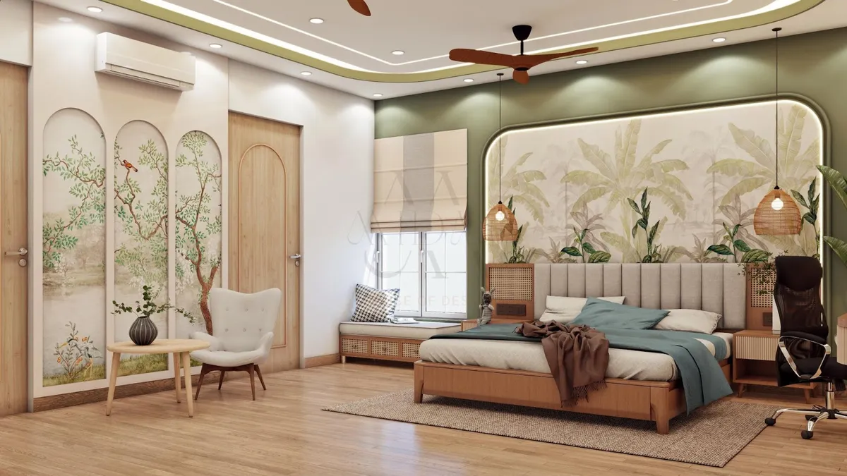 Render of a master bedroom with a botanical mural accent wall, rattan pendant lights, a green cove ceiling, and a built-in cane-panelled window seat.