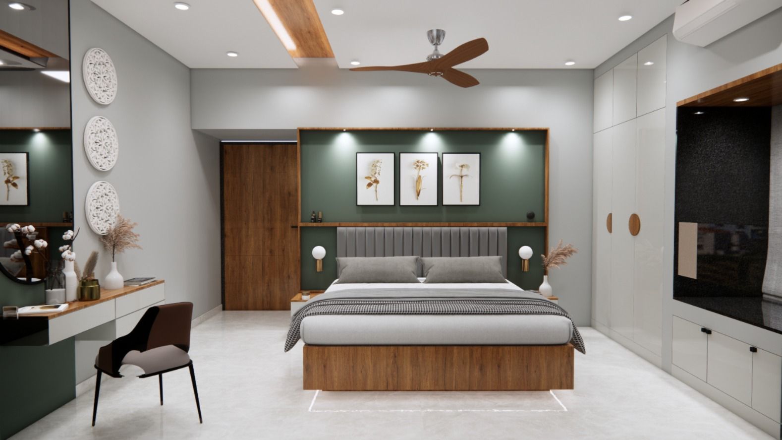 A render of a sage-green and warm-wood master bedroom with a channel-tufted upholstered headboard, a cove-lit ceiling