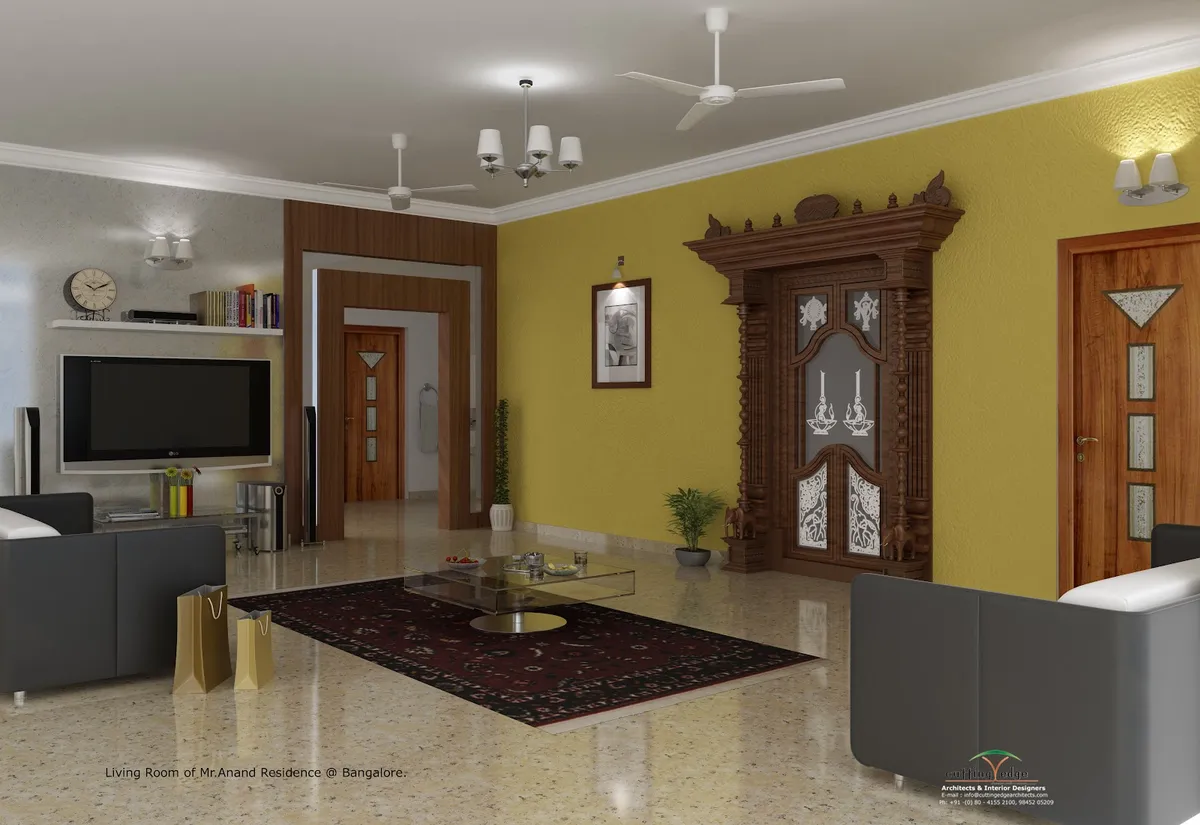 Render of a yellow-walled living room with a carved wooden pooja door niche, grey sofas, an LG TV console, and a dark medallion-pattern rug.