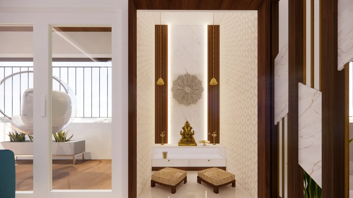 Render of a pooja room with a backlit marble niche housing a brass Ganesha idol, a mandala wall medallion