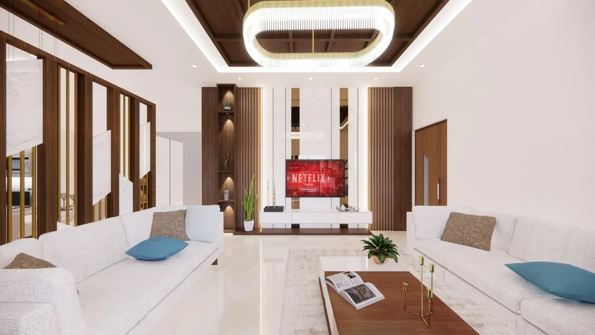 Render of a long white living room with two facing cream sofas and teal cushions, a coffered walnut ceiling carrying one oval fluted chandelier