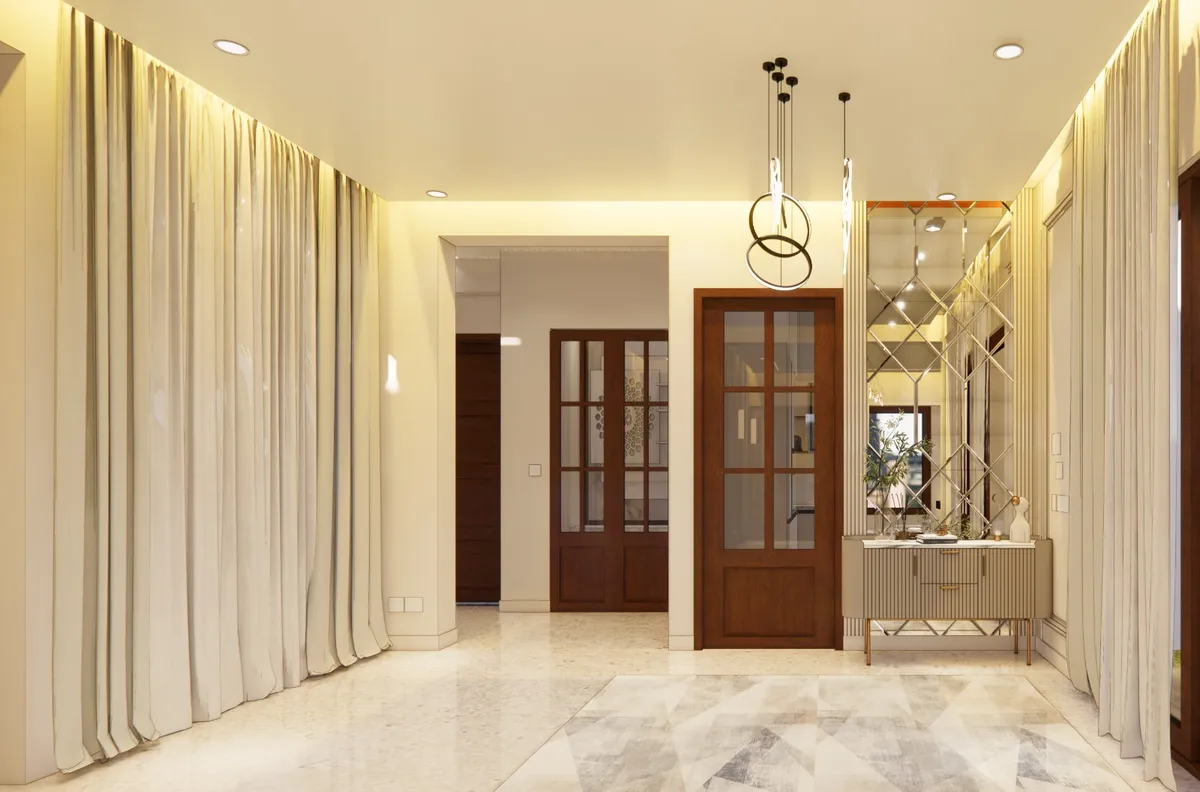 Render of an entrance gallery with floor-to-ceiling curtains along both walls, a geometric diamond mirror panel above a fluted console table