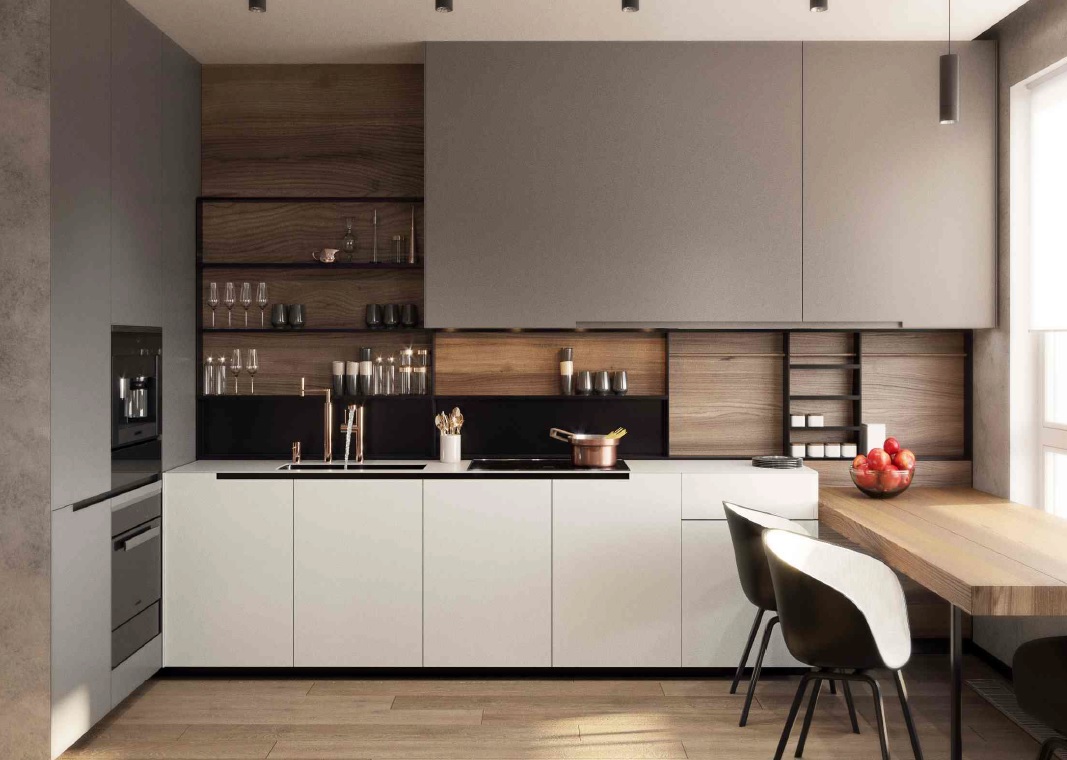 Render of a handleless grey modular kitchen with a walnut open-shelf backsplash, a black countertop cooking zone, an integrated wall oven and coffee machine