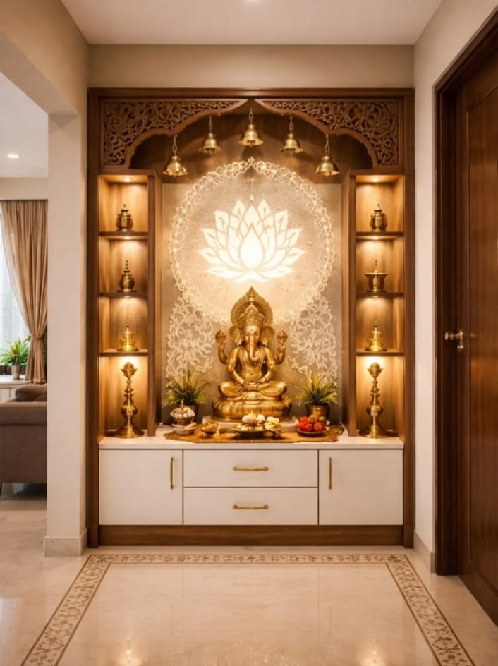 Pooja alcove with a carved wood jharokha arch hung with brass bells, a backlit lotus mandala wall panel behind a brass Ganesha idol, flanking shelves of diyas