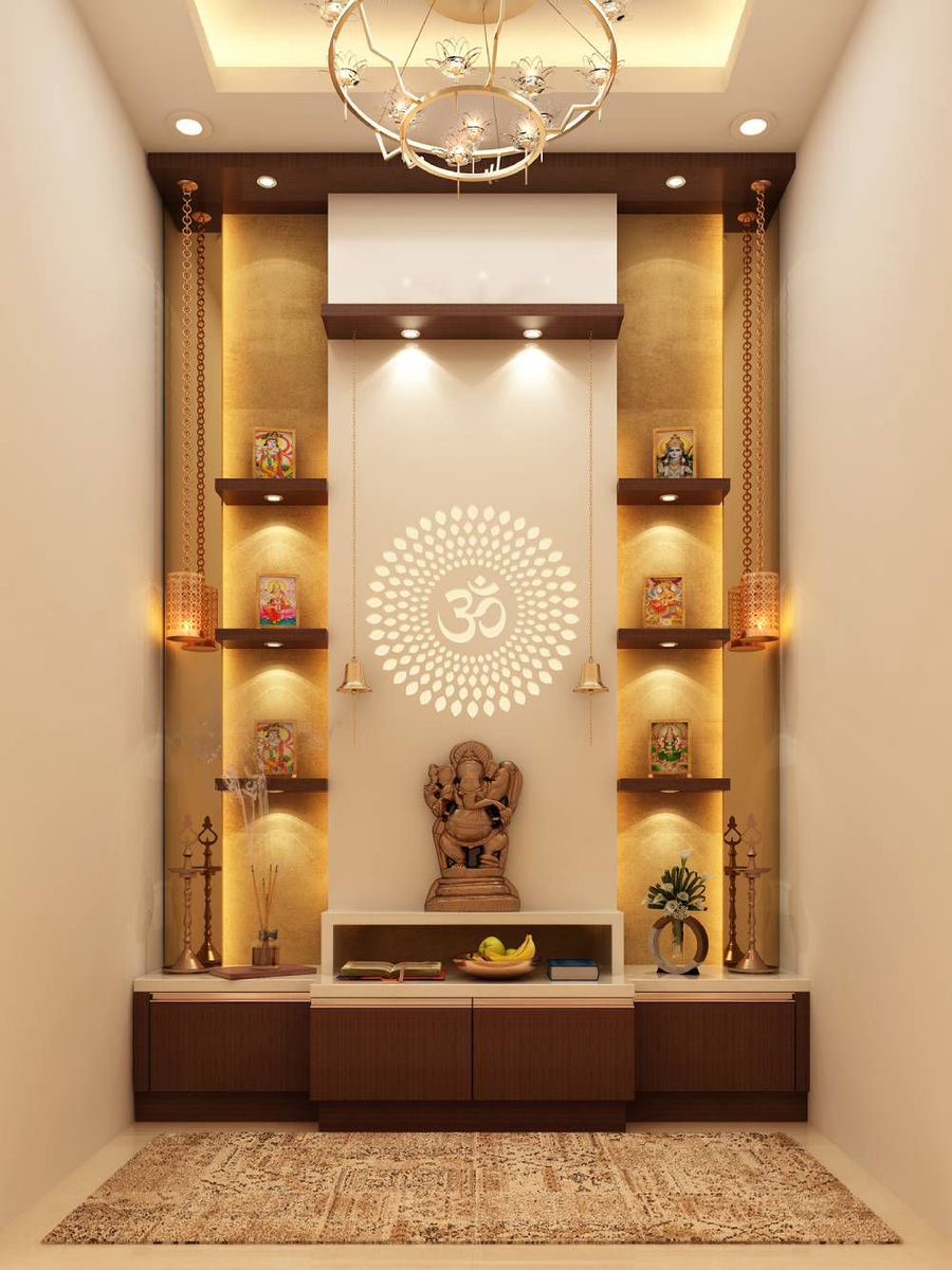 Render of a dedicated pooja room with a backlit Om medallion niche, twin shelving towers for deity frames, hanging brass diyas