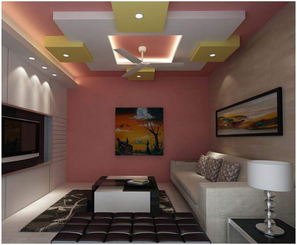 Render of a living room with a multi-tier yellow-and-white POP false ceiling, a coral accent wall with framed art, and a cream sofa set.