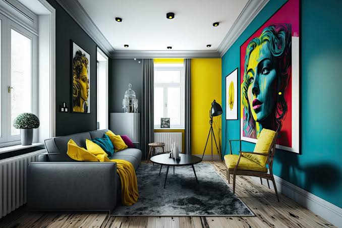 Render of a small living room with teal and yellow color-blocked walls and large pop-art portrait prints above a grey sofa with yellow accent cushions.