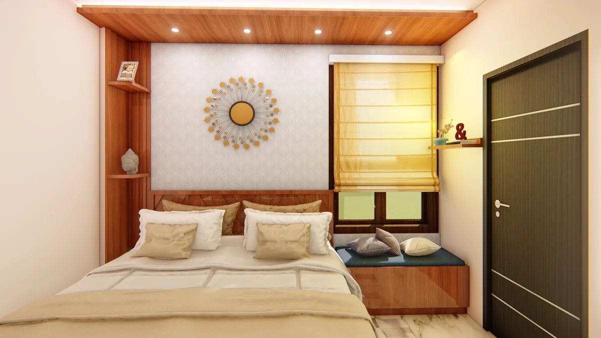 Render of a compact bedroom with a teak-planked ceiling raft, a gold sunburst mirror over a woven-panel headboard