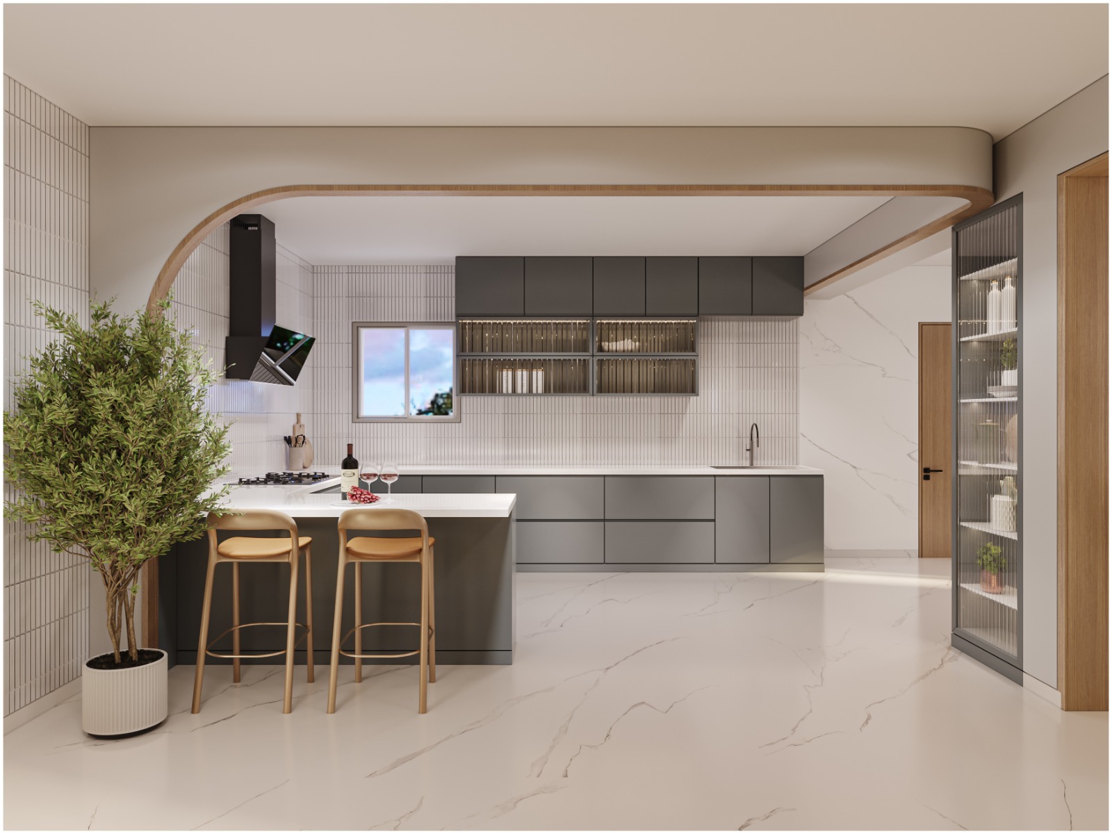 Render of an open kitchen with matte grey handleless cabinetry, a ribbed-tile backsplash, a marble-look floor and wall