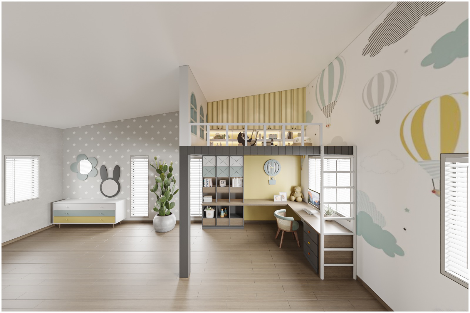 Kids' loft-bed bedroom in mint-and-yellow pastels with a hot-air-balloon wall mural, built-in study nook under the loft and a ladder to the sleeping platform