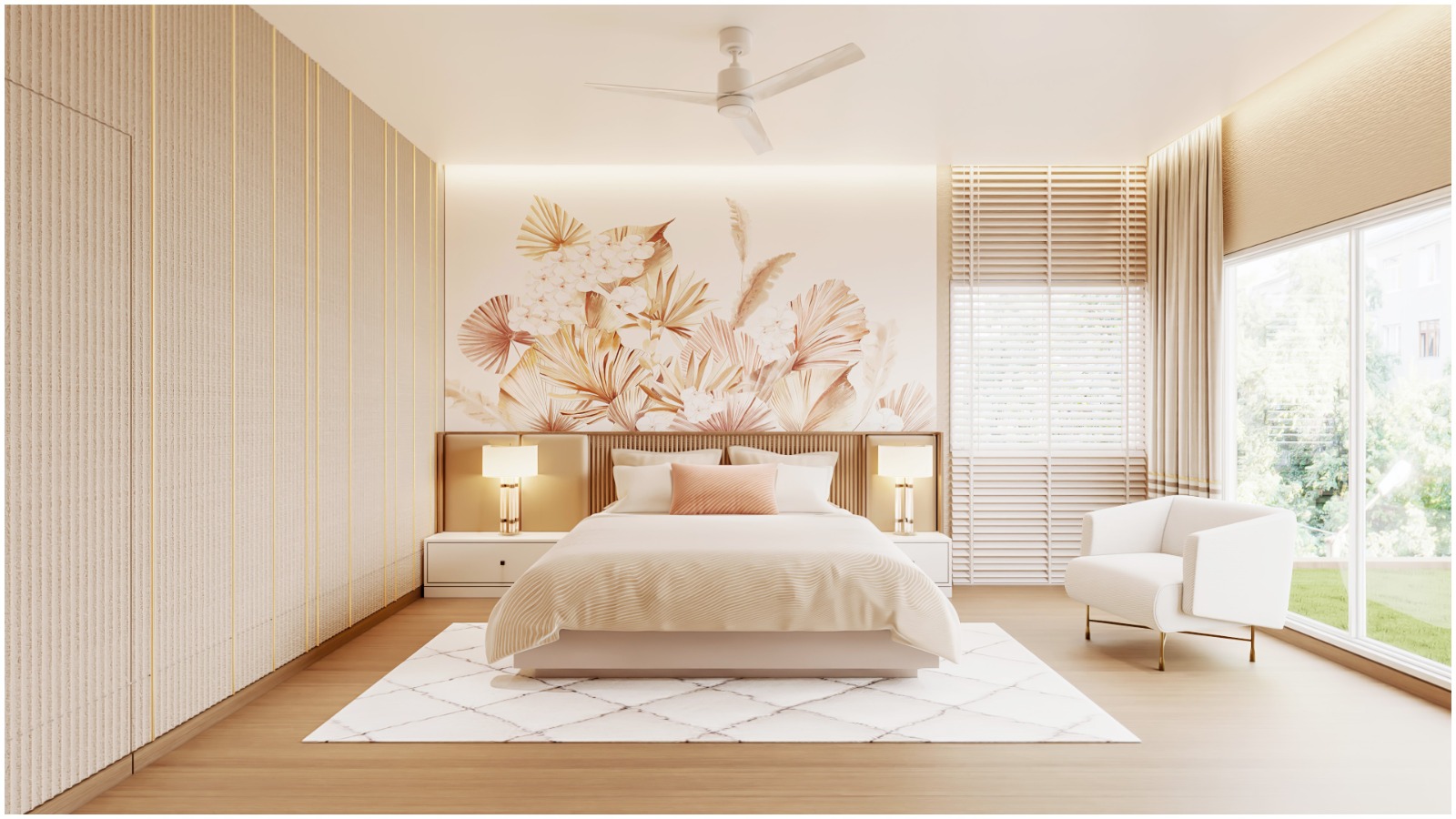 Rendered bedroom with a blush botanical mural behind the bed, a fluted cream-and-gold wardrobe wall, matching bedside lamps
