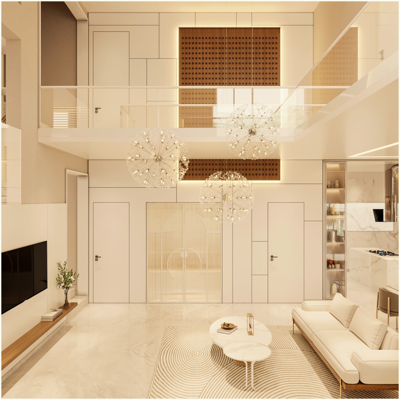Render of a double-height luxury living room with a cream sofa, round marble coffee tables, three dandelion crystal chandeliers
