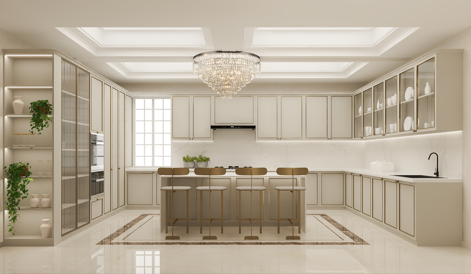 Render of a luxury classic kitchen with an island seating four, cream gold-trimmed shaker cabinetry, a crystal chandelier