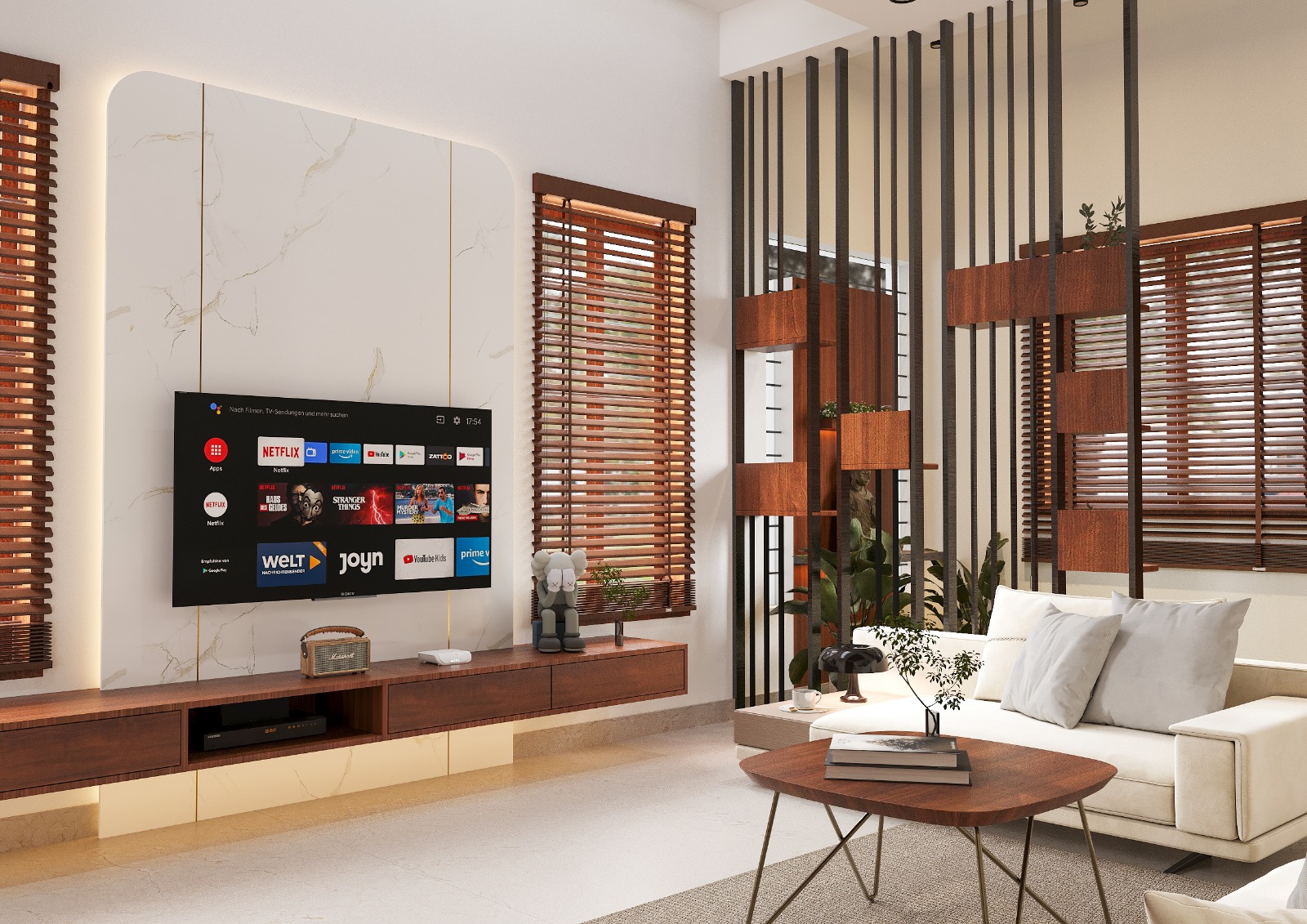 Render of a living room with a backlit marble TV wall and walnut floating console