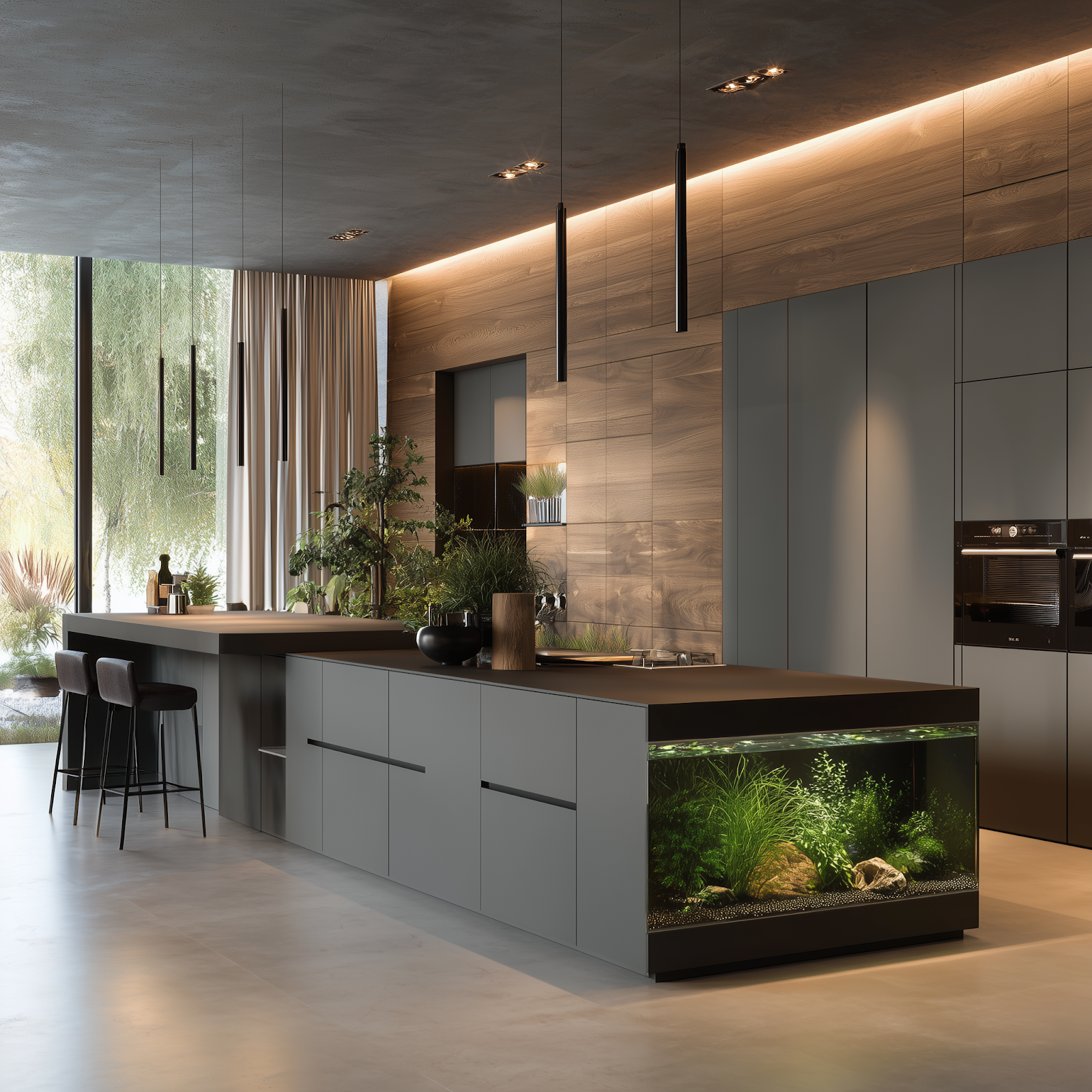A render of a luxury kitchen island with a built-in aquarium front, grey matte cabinetry, a wood-clad feature wall