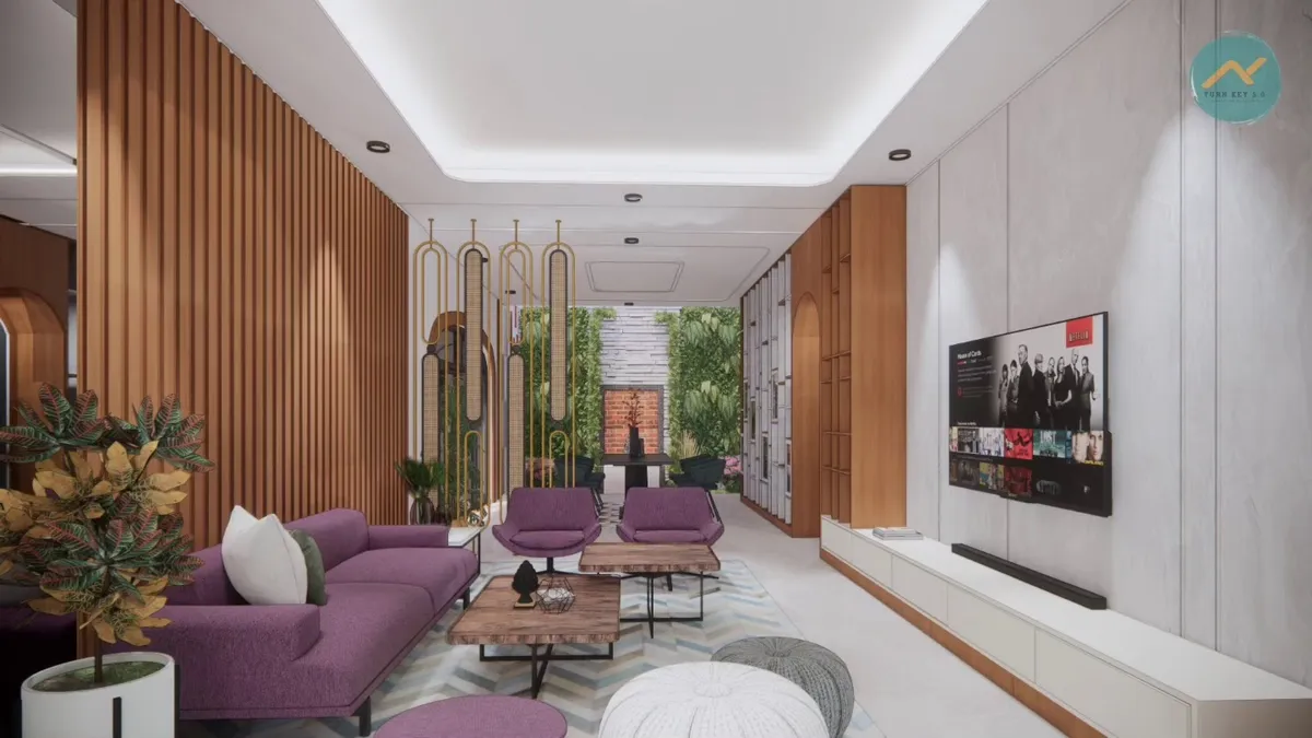 Render of a long living room with plum sofas and armchairs on a chevron rug, a fluted teak slat wall facing a TV on textured grey plaster