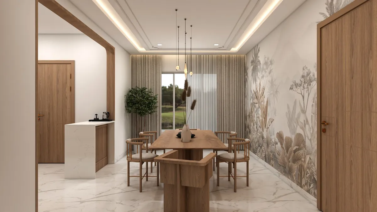 Render of a narrow dining room with a muted botanical mural down one wall, a solid-oak plank table on twin block legs with cane-seat chairs