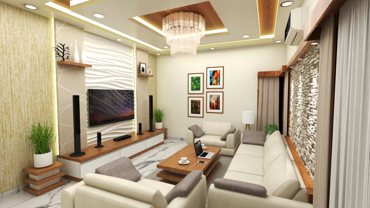 Render of a living room with a 3D wave-panel TV wall, a wood-inset cove ceiling with crystal chandelier, a cream sofa