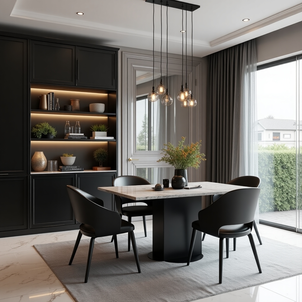 Render of a dining room with a black-lacquer built-in crockery unit lit from within