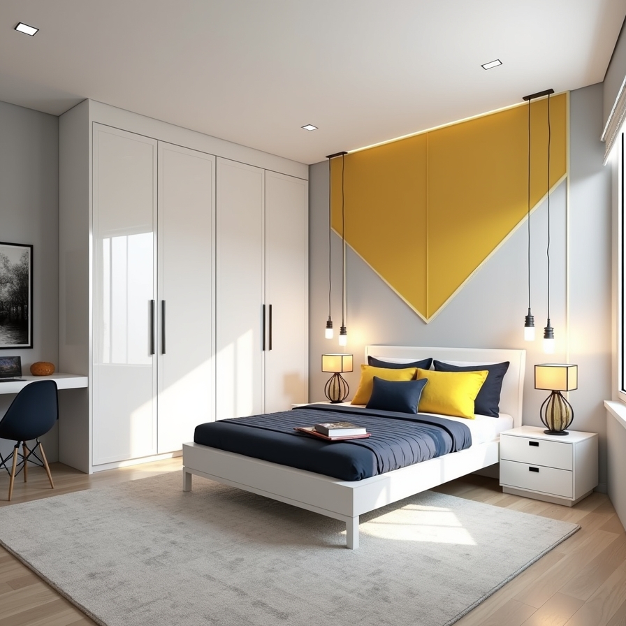 Render of a bedroom with a mustard-yellow triangular upholstered headboard panel, navy and yellow bedding, a glossy white wardrobe