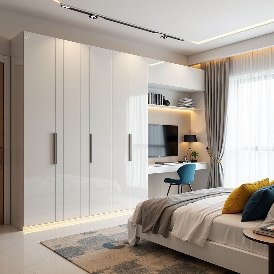 Render of a bedroom with a glossy white wardrobe wall, a built-in study desk with a wall-mounted TV