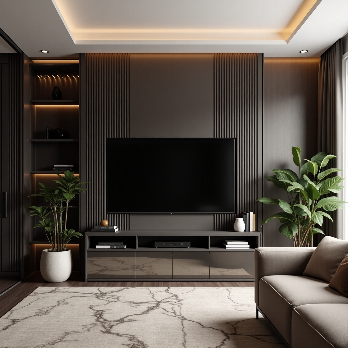 Render of a living room with a dark fluted wood TV feature wall and backlit display shelving, a marble-veined area rug, and a taupe sofa.