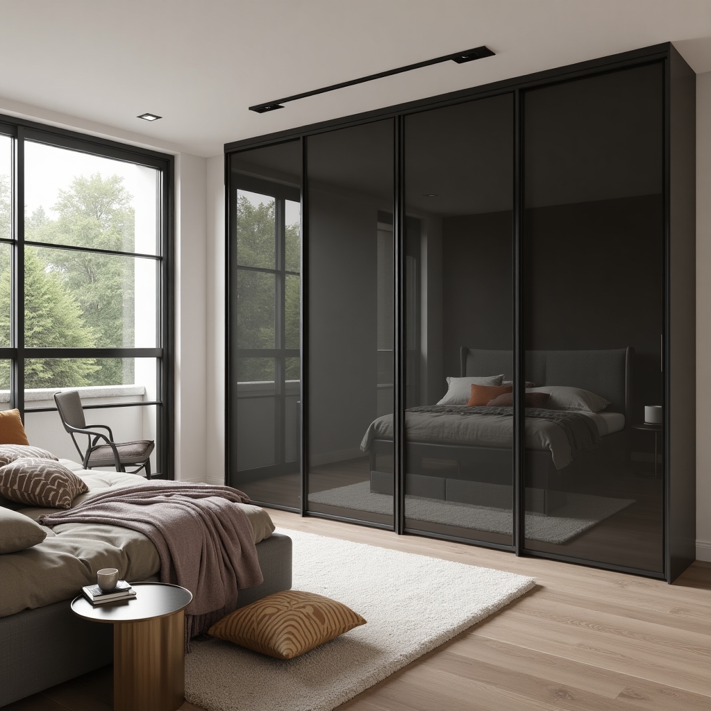 Render of a bedroom with a full-height glossy black sliding wardrobe wall reflecting the bed, a steel-framed window seating nook