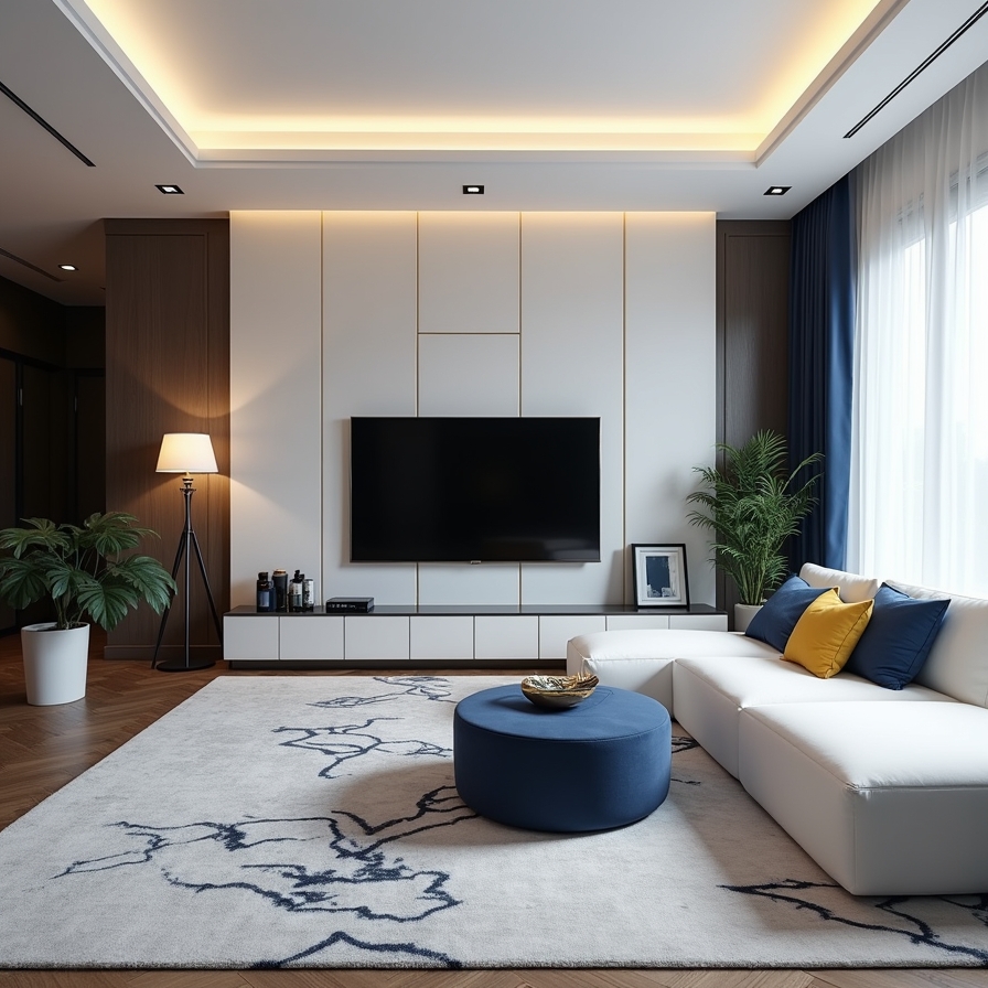 Render of a living room with a white gold-trimmed TV panel wall, a cream sectional sofa with navy and mustard accent pillows