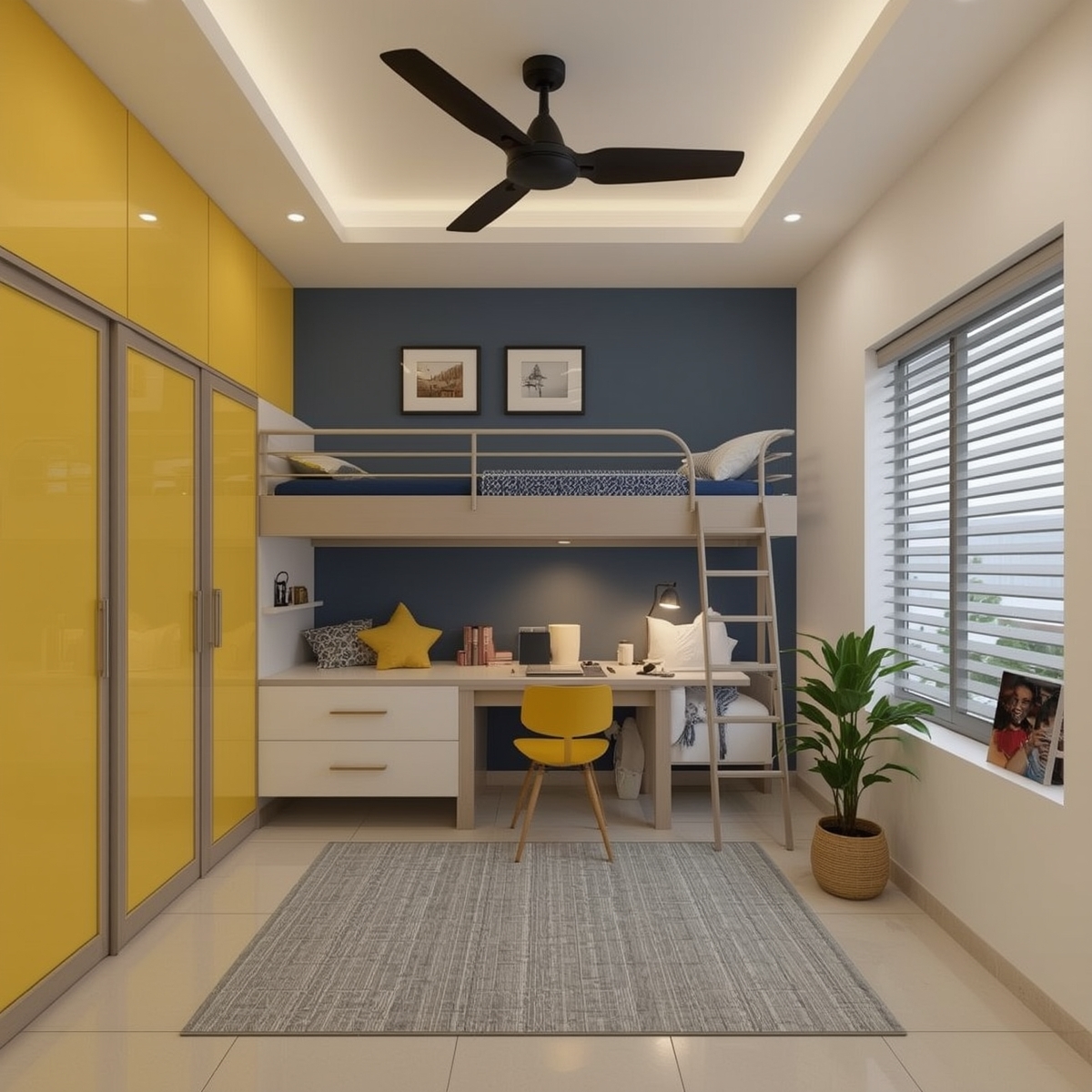 Render of a kids' room with a yellow glossy wardrobe, a navy accent wall, and a loft bed with ladder over a built-in study desk with a yellow accent chair.