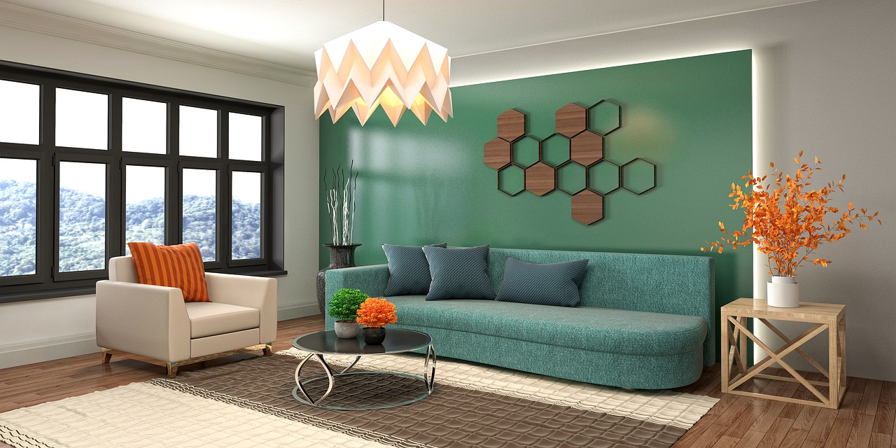Render of a living room with a teal sofa and cream armchair against a green accent wall styled with a hexagon wood wall-art cluster