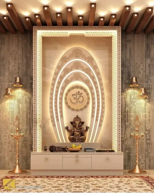 Render of a pooja niche with a backlit carved marble arch centered on an Om motif behind a brass Ganesha idol