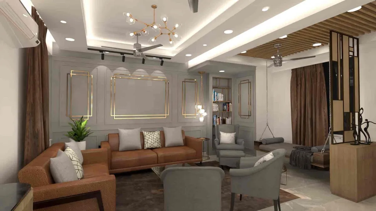 Render of a long living room with tan leather sofas facing grey wingback chairs, a grey panelled feature wall inlaid with gold frames