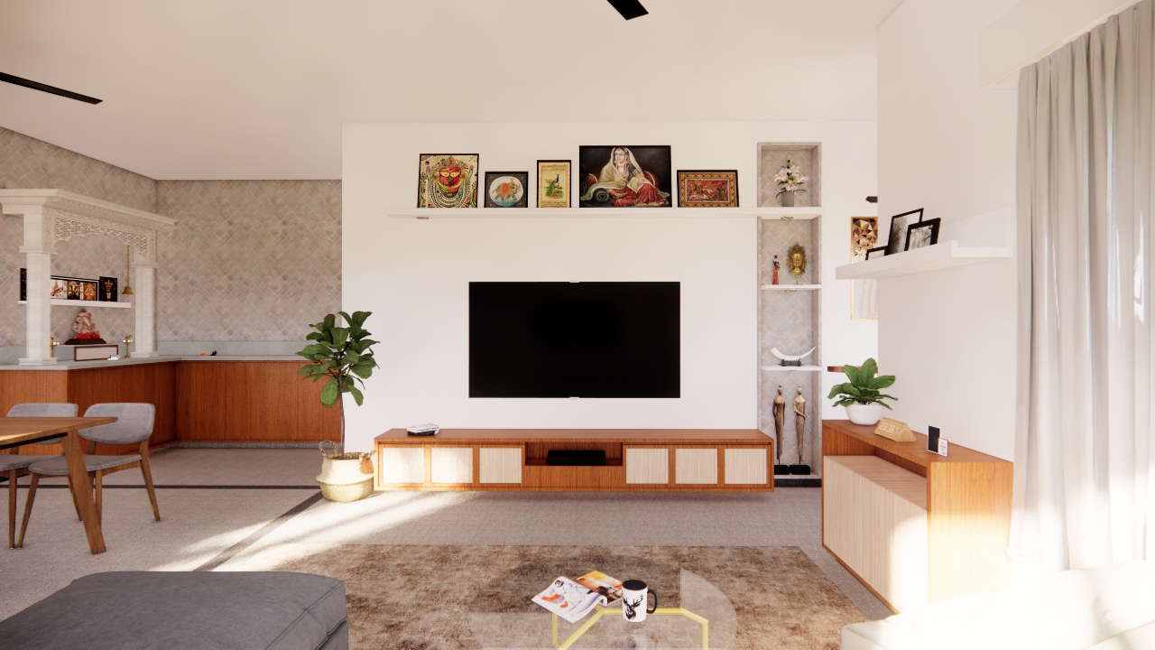 Render of an open living-dining space with a wall-mounted TV over a wood console, a curated ledge of traditional Indian paintings