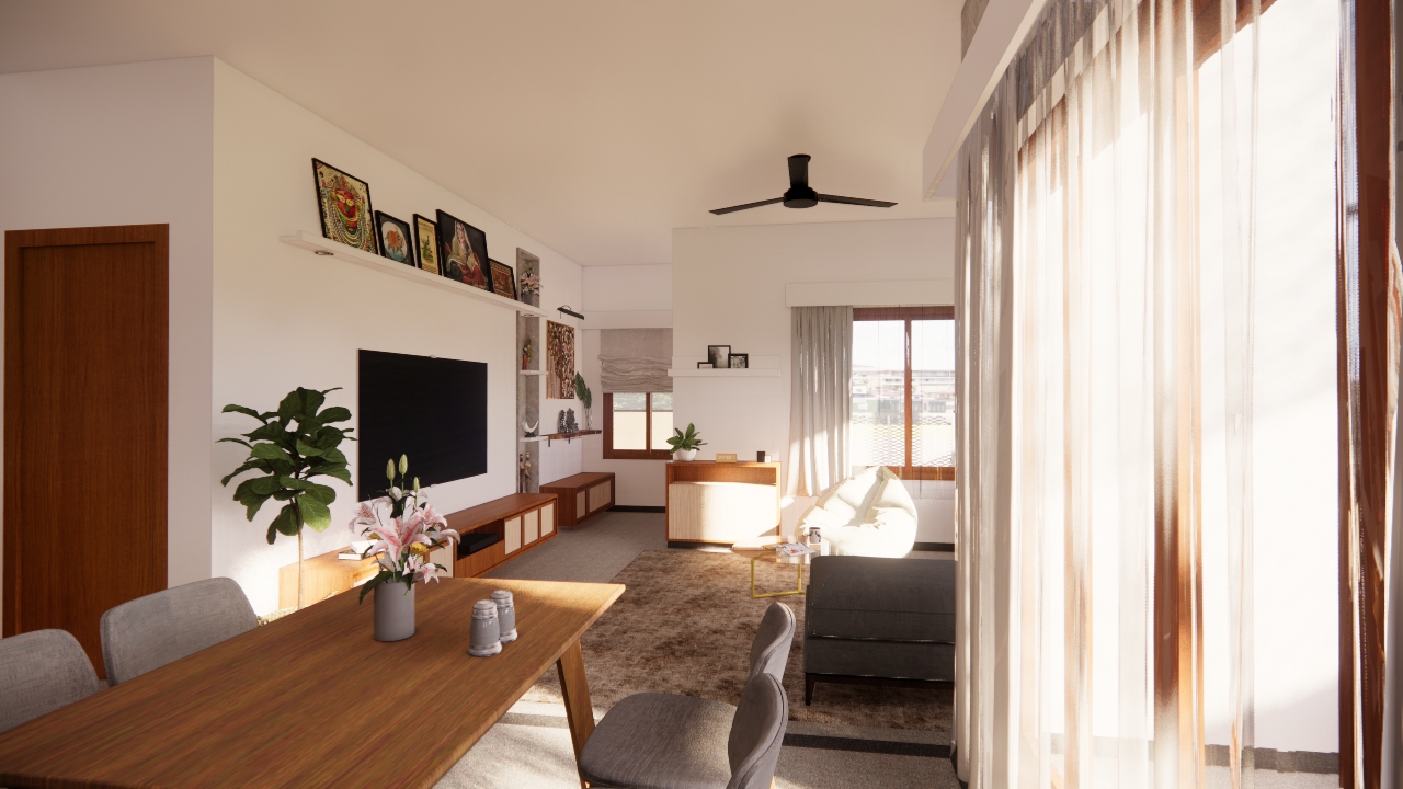 Open-plan dining and living area seen together, with a wooden dining table in the foreground and a gallery wall of framed art above a TV console beyond.