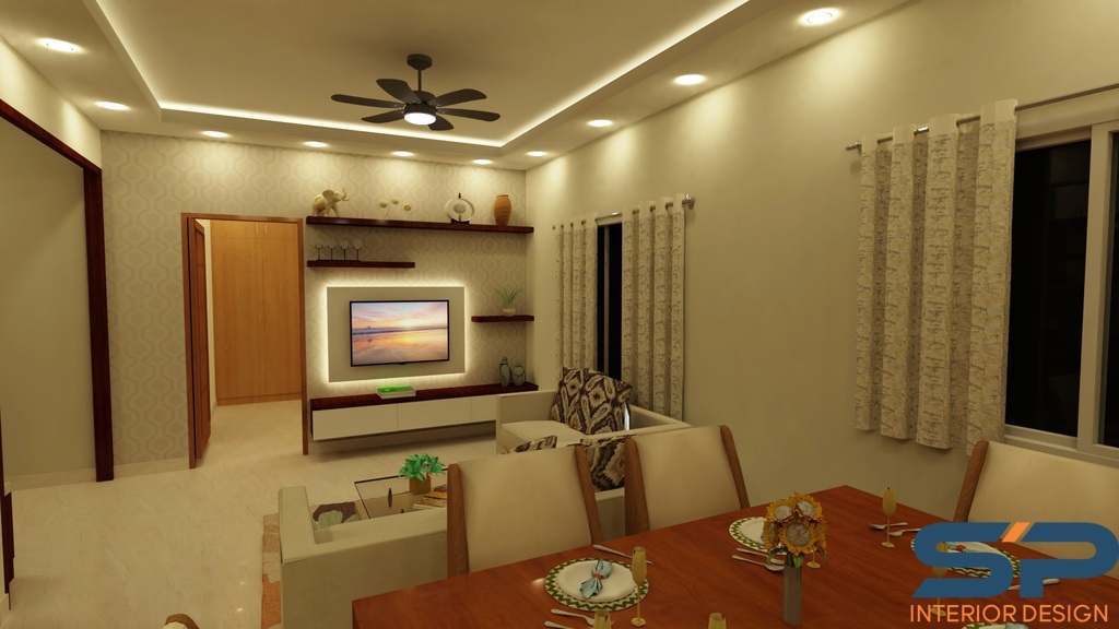 Render of a dining area with a wood table set for a meal, opening into a living space with a wall-mounted TV on a floating console beneath a patterned