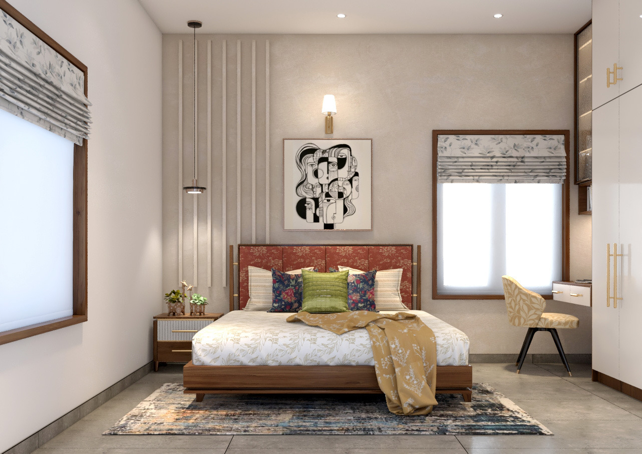 Render of a master bedroom with a terracotta channel-tufted headboard, a fluted accent wall behind it, a graphic face-print artwork