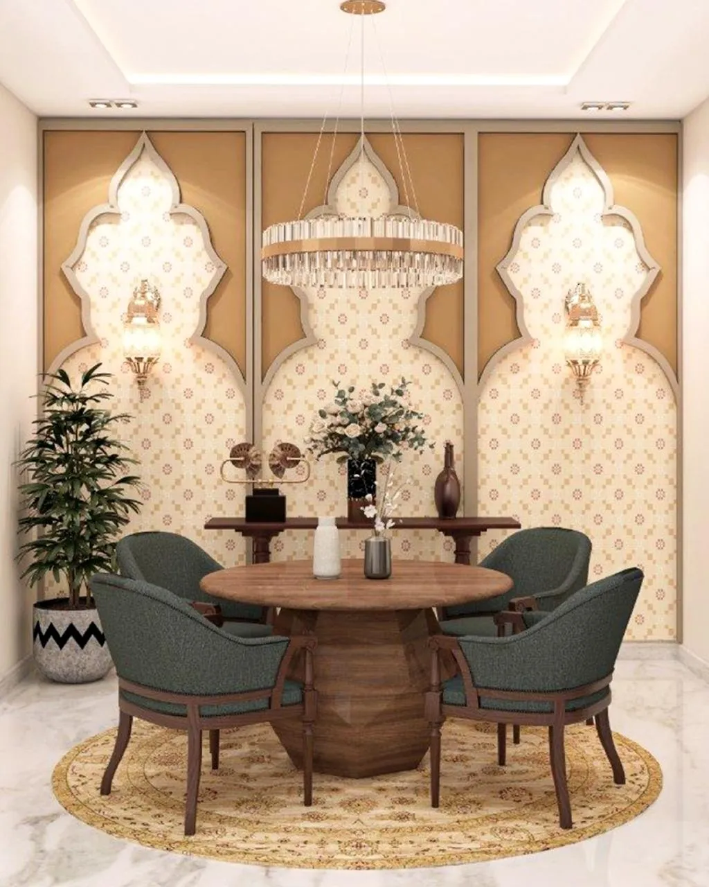Render of a dining room set against three Mughal-arch wall panels in ochre and printed cream, with a round walnut pedestal table