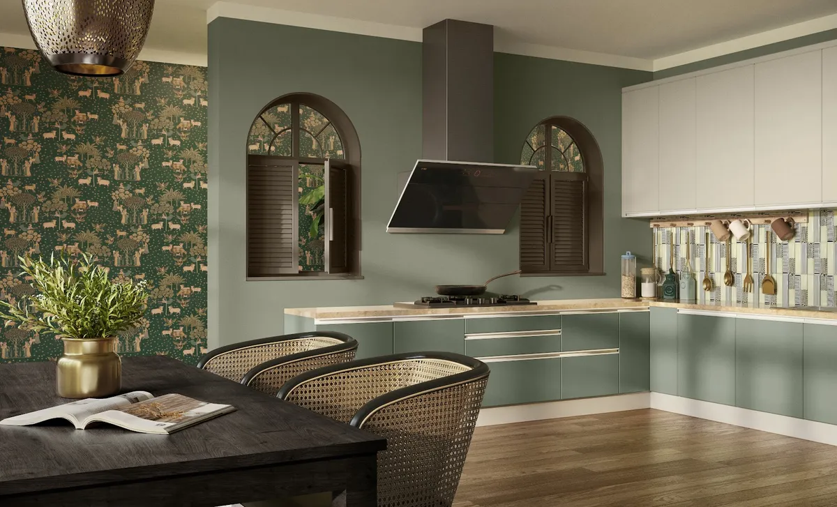 Render of an open kitchen-dining space with sage-green cabinetry, arched shuttered windows, a chimney hood and a wildlife-print wallpaper accent wall.