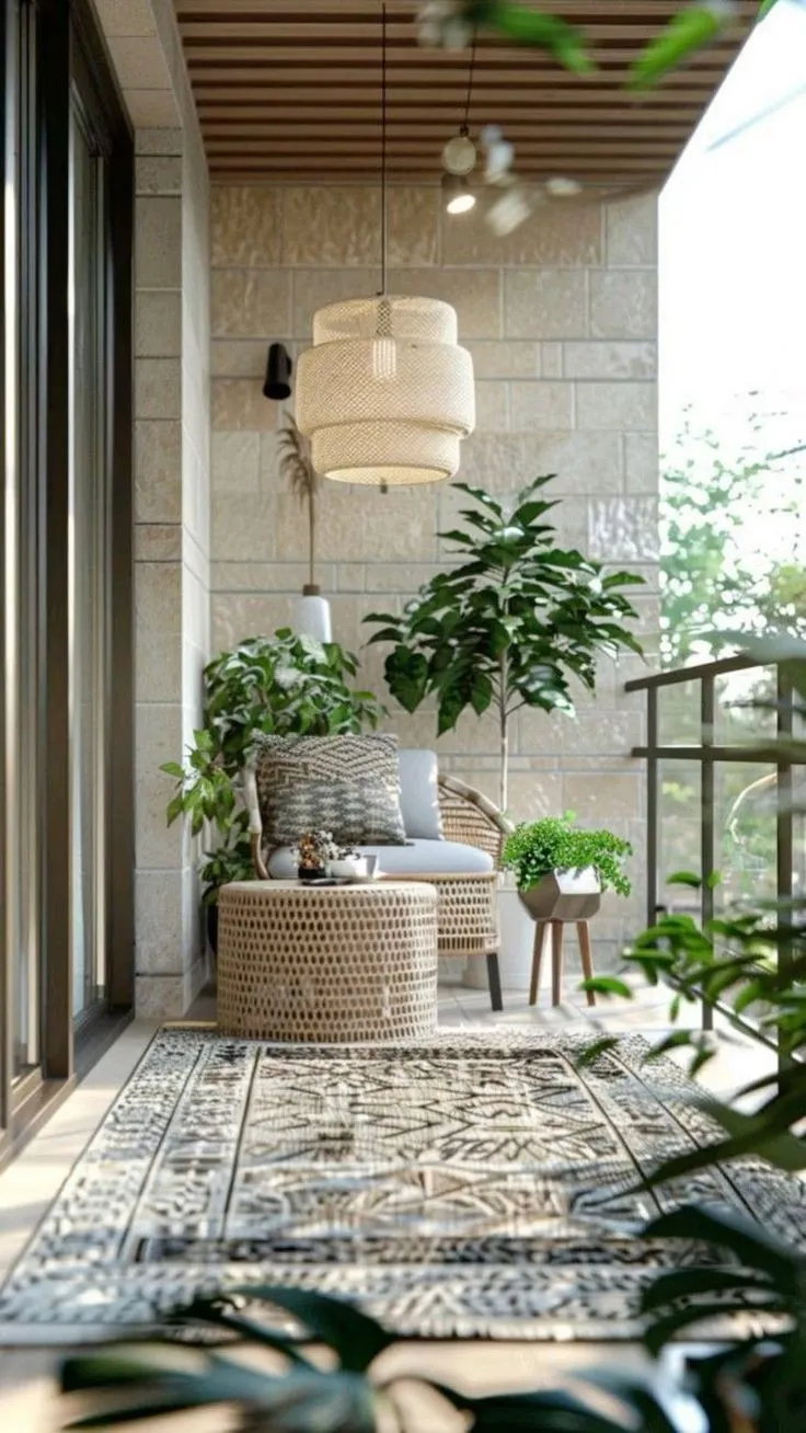 Boho balcony with a rattan armchair and woven pouf on a patterned rug, a tiered rattan pendant lamp, stone-clad wall