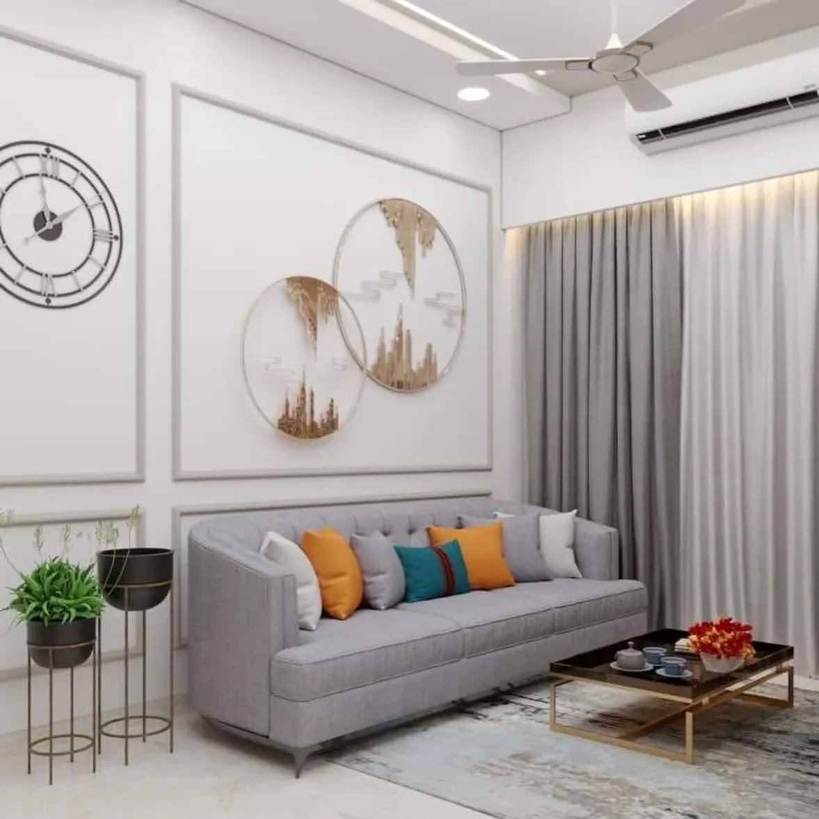 Render of a living room with a channel-tufted grey sofa in colourful cushions, wall-panel moulding topped by circular gold wall art
