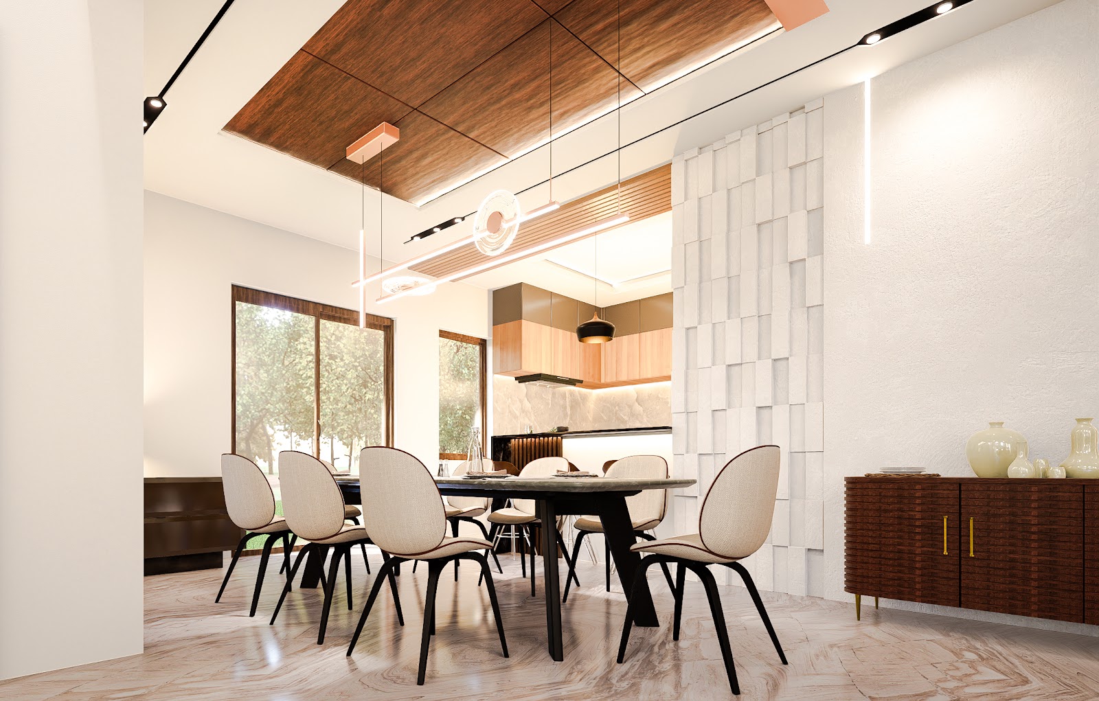 Render of a dining room with an 8-seat oval marble-top table under a wood ceiling drop with linear pendant lighting