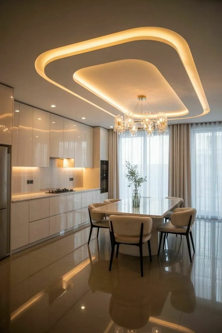 Render of a dining zone under a double-layer teardrop POP ceiling glowing with concealed cove light