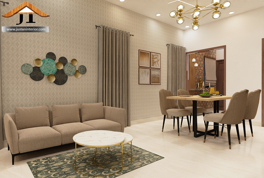 Render of an open living-dining room with a beige damask accent wall, a brass cluster chandelier, and a teal-and-gold metal wall art piece above the sofa.