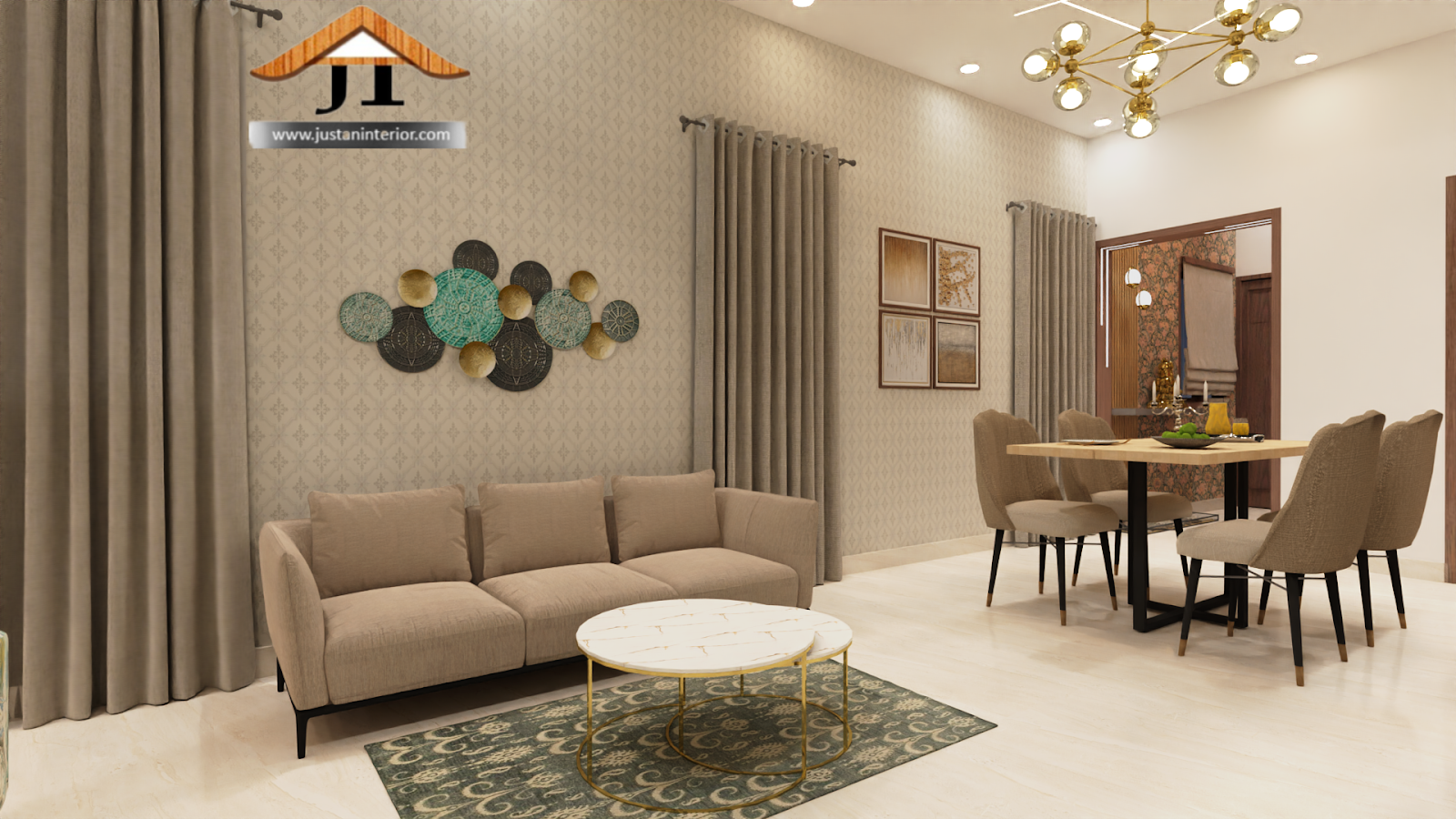 Render of an open living-dining space with a beige sofa beneath a circular metal wall art piece, patterned wallpaper