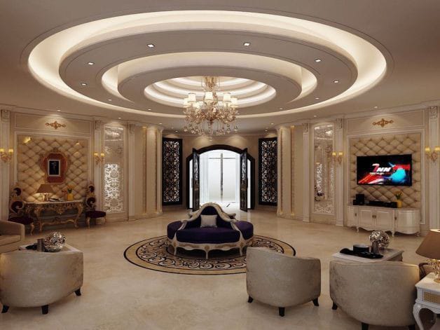 Render of a grand living room with a circular tiered POP ceiling and crystal chandelier, classical tufted wall panelling