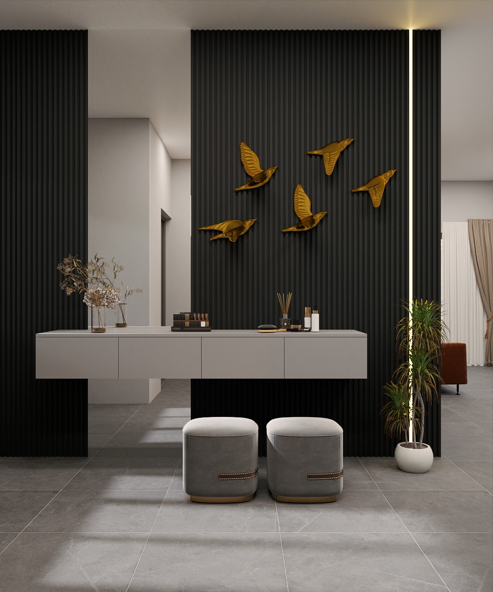 Render of an entrance console area with a black fluted panel wall, a flock of gold bird wall sculptures, a floating console table styled with accessories