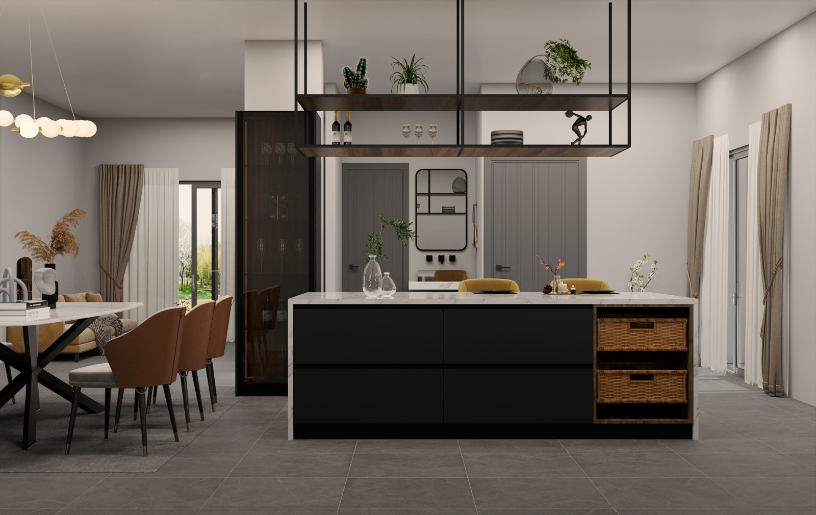 Render of an open dining-and-kitchen space with a black-cabinetry island under a hanging shelf unit, and a marble dining table seating five.