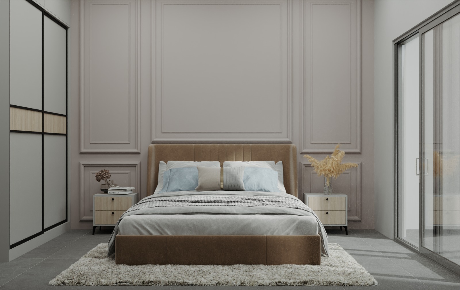 A render of a bedroom with full-height wall moulding panels, a camel-brown channel-tufted upholstered headboard, and a shaggy cream rug at the foot of the bed.