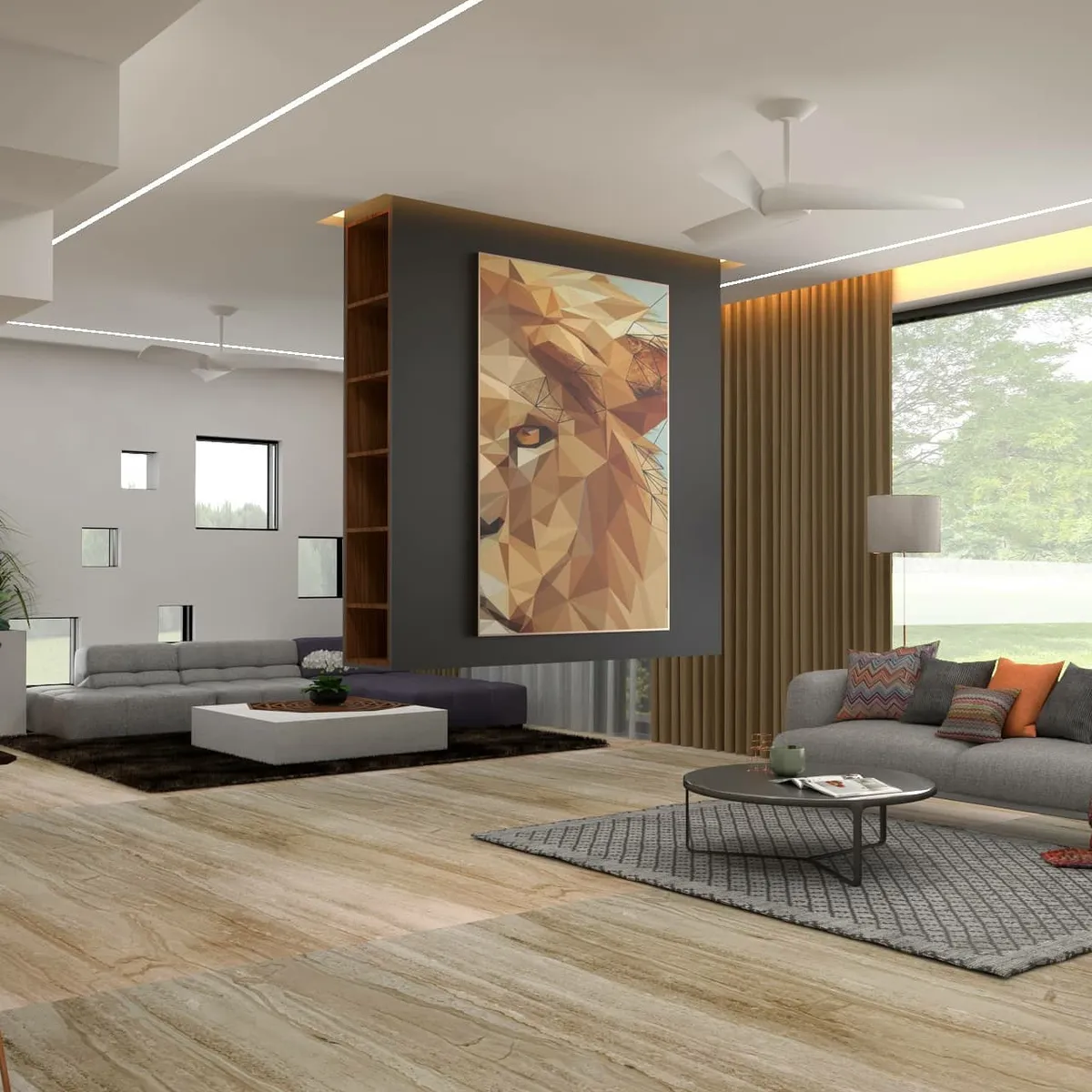 Render of a wide living hall split by a grey partition carrying an oversized low-poly lion canvas