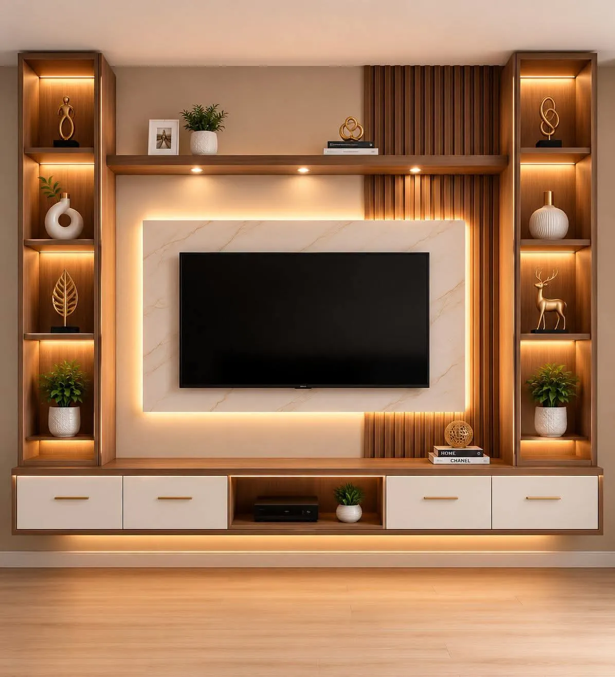 Render of a full-wall TV unit: backlit marble-look centre panel carrying the TV, flanked by two tall lit display towers of brass figures and ceramic vases